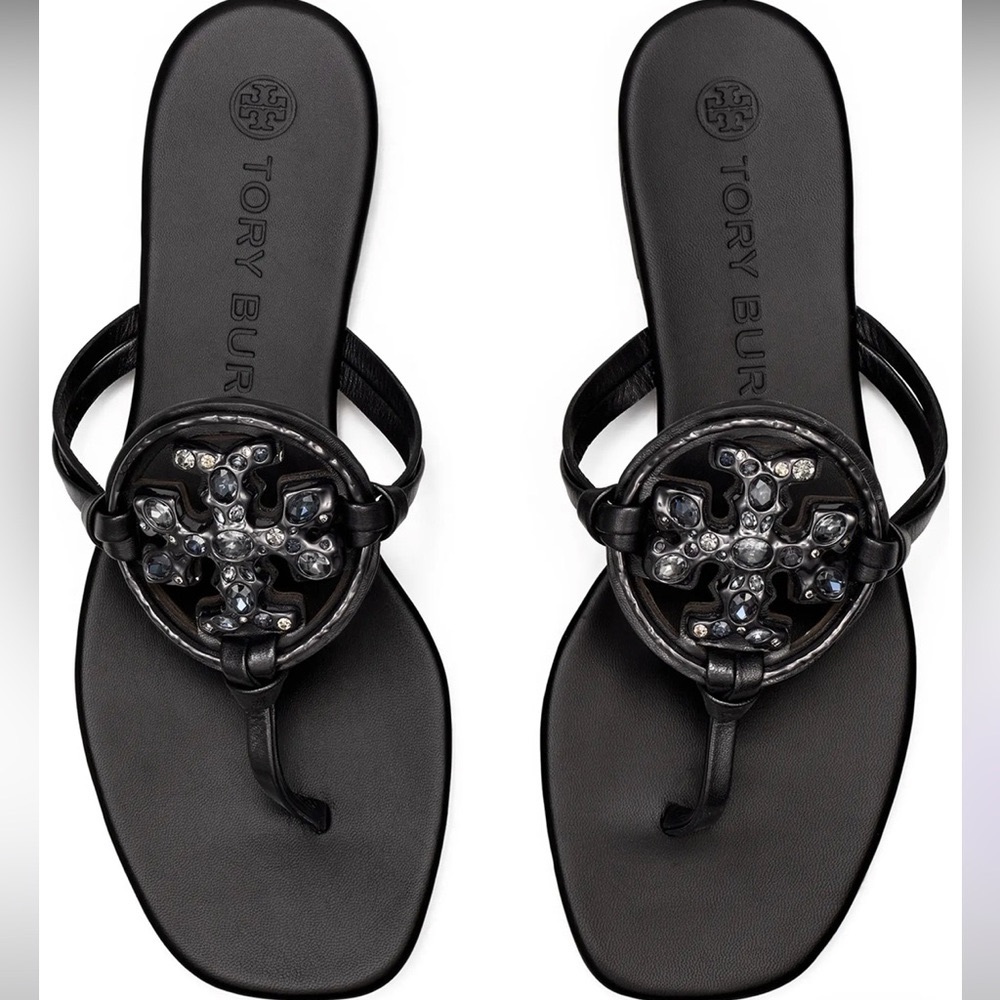 NWT Tory Burch Jeweled Crystal Miller Nappa Leather Sandal in Black Size 8